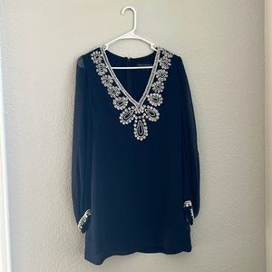 French Connection Navy Beaded Mini Dress with Sheer Sleeves